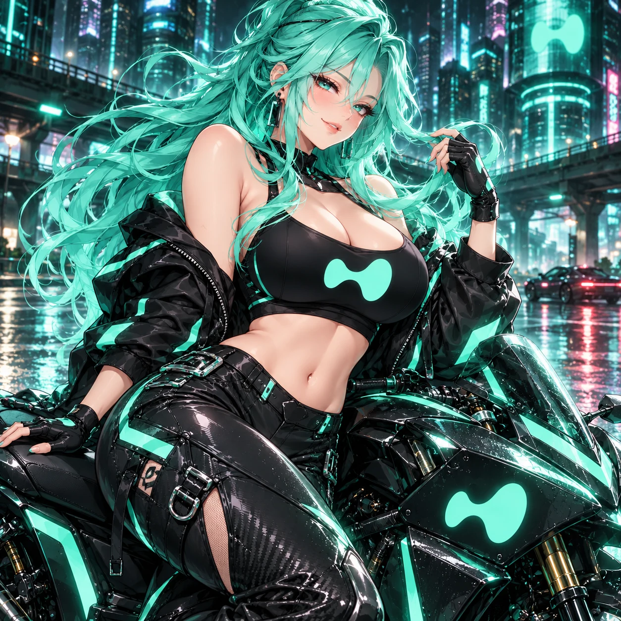 Hyper-chan on her motorcycle under the city lights