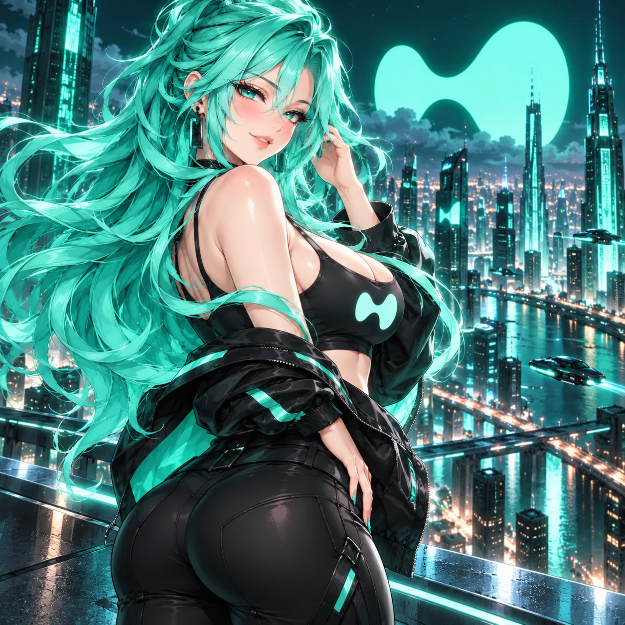 Hyper-chan looking out over a mint-lit futuristic city
