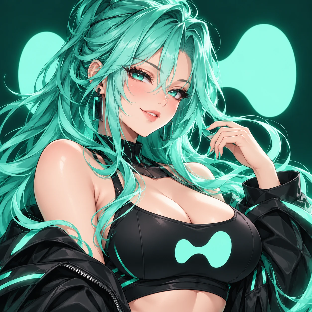 Hyper-chan, mint-haired and unmistakably confident